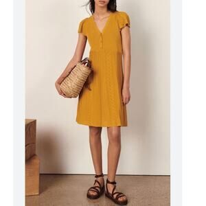 ba&sh Adana Pointelle Babydoll Cap Sleeve Knit Dress Mustard Yellow Lined Size 2